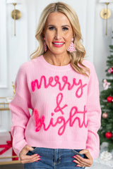 Pink Merry & Bright Pop Up Letter Waffle Knit Sweater Sweaters JT's Designer Fashion