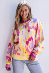 Khaki Abstract Print Colorblock Balloon Sleeve Sweater Khaki 50%Viscose+28%Polyester+22%Polyamide Sweaters JT's Designer Fashion