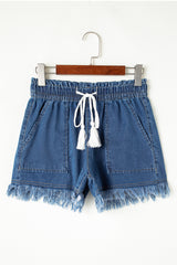 Ashleigh Blue Raw Hem Drawstring High Waist Denim Shorts with Pockets Denim Shorts JT's Designer Fashion
