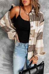 Khaki Plaid Color Block Buttoned Long Sleeve Jacket with Pocket Plaid Shackets JT's Designer Fashion