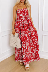 Red Floral Printed Spaghetti Strap Empire Waist Maxi Dress Floral Dresses JT's Designer Fashion