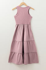 Sepia Rose Ribbed Vest Patchwork Tiered Midi Dress with Pockets Midi Dresses JT's Designer Fashion