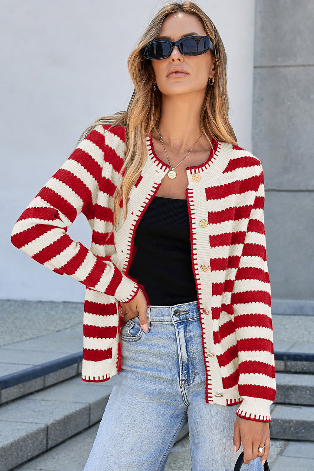Red Stripe Chic Golden Button Cardigan Sweater Cardigans JT's Designer Fashion