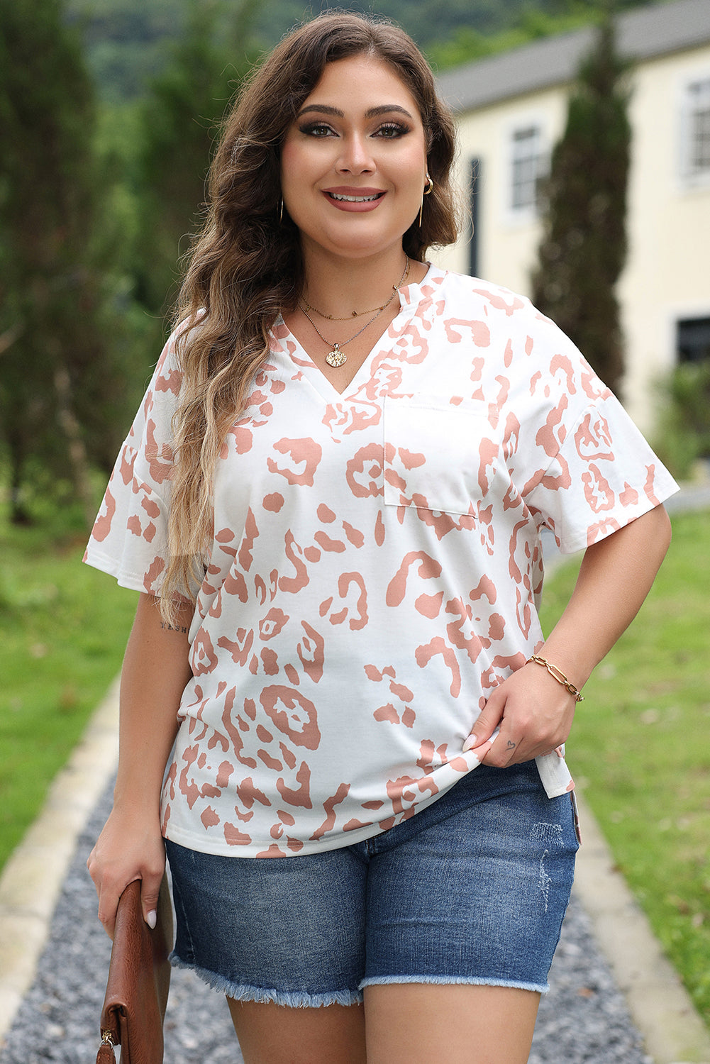 White Leopard Short Sleeve V Neck Plus Size Top White 95%Polyester+5%Elastane Plus Size JT's Designer Fashion