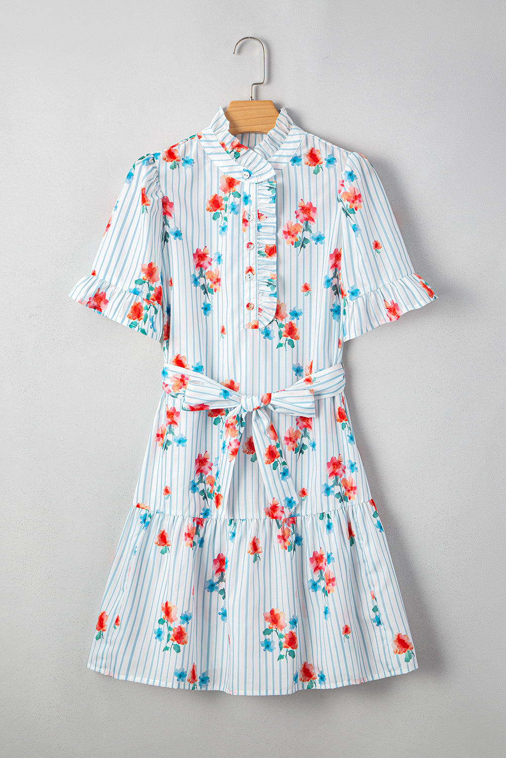 Sky Blue Stripe Floral Pattern Ruffle Short Sleeve Belted Mini Dress Dresses JT's Designer Fashion