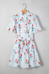 Sky Blue Stripe Floral Pattern Ruffle Short Sleeve Belted Mini Dress Dresses JT's Designer Fashion