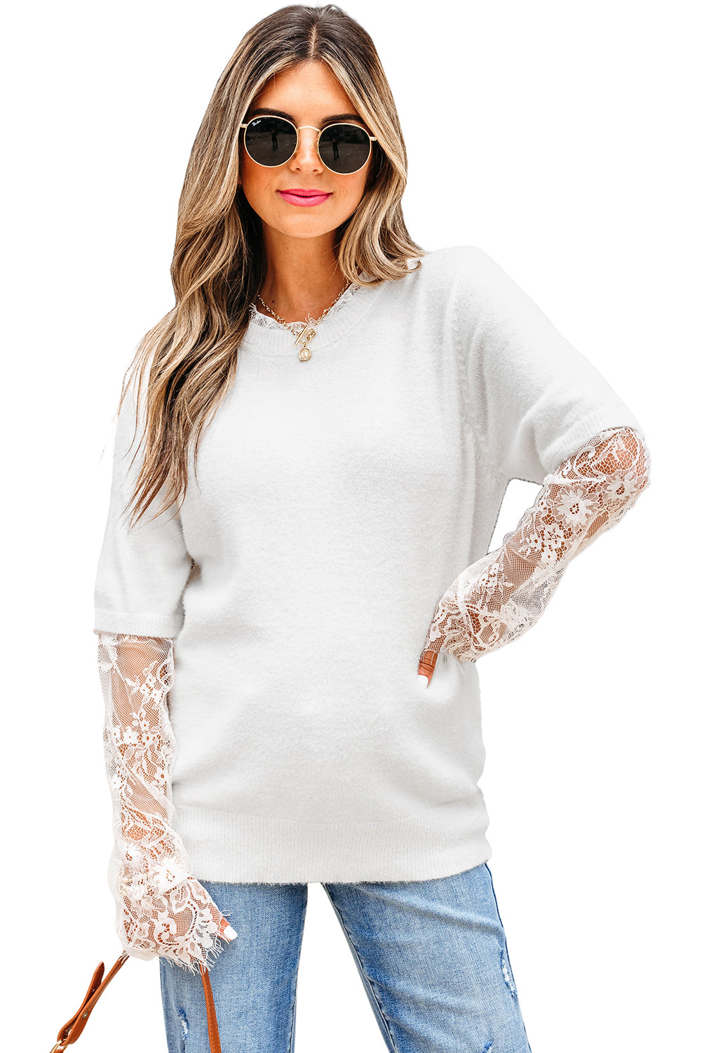 Beige Lace Sleeve Patchwork Faux Two-piece Fuzzy Sweater Sweaters JT's Designer Fashion