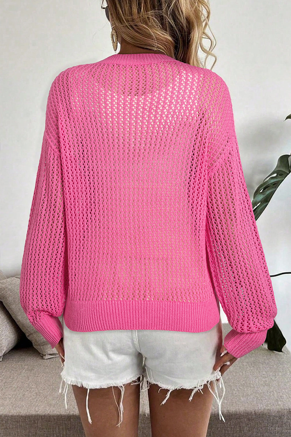 Sachet Pink Sweet Bow Decor Hollow Out Knitted Drop Shoulder Sweater Sweaters JT's Designer Fashion