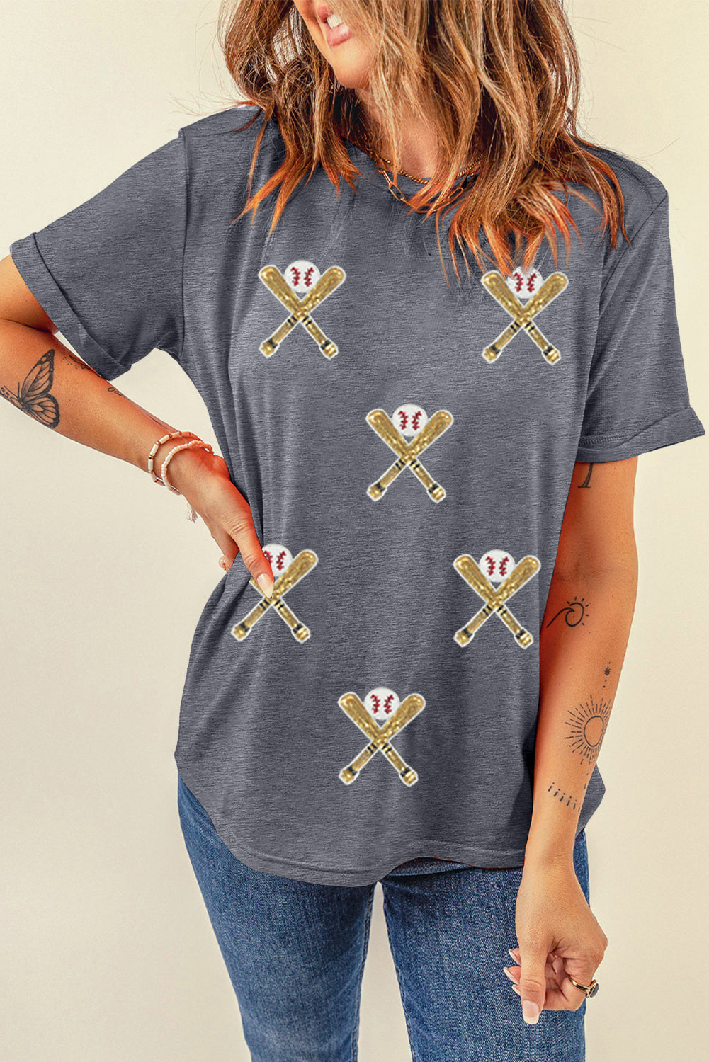 Gray Sequined Game Day Casual Tee Graphic Tees JT's Designer Fashion