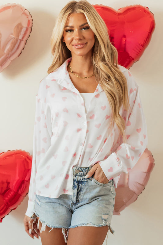 White Love Heart Print Drop Shoulder Puff Sleeve Shirt White 97%Polyester+3%Elastane Blouses & Shirts JT's Designer Fashion