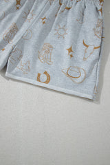 Gray Western Fashion Printed T Shirt Elastic Waist Shorts Set Short Sets JT's Designer Fashion