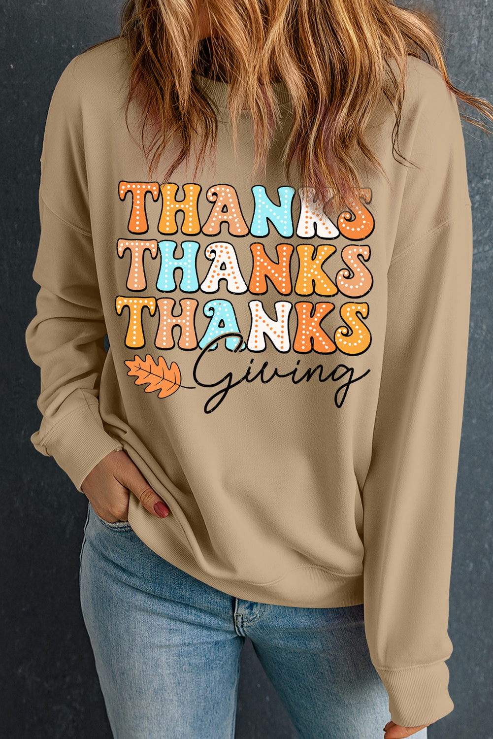 Khaki THANKS giving Leaves Printed Drop Shoulder Sweatshirt Graphic Sweatshirts JT's Designer Fashion