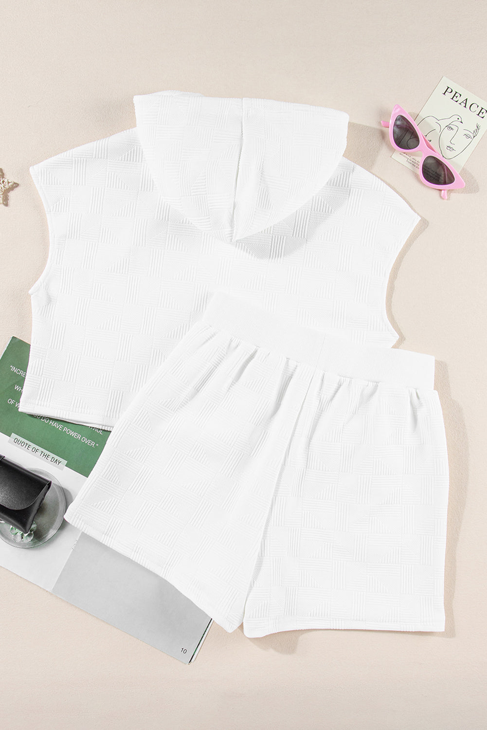 White Textured Cropped Hoodie and Shorts Set Short Sets JT's Designer Fashion