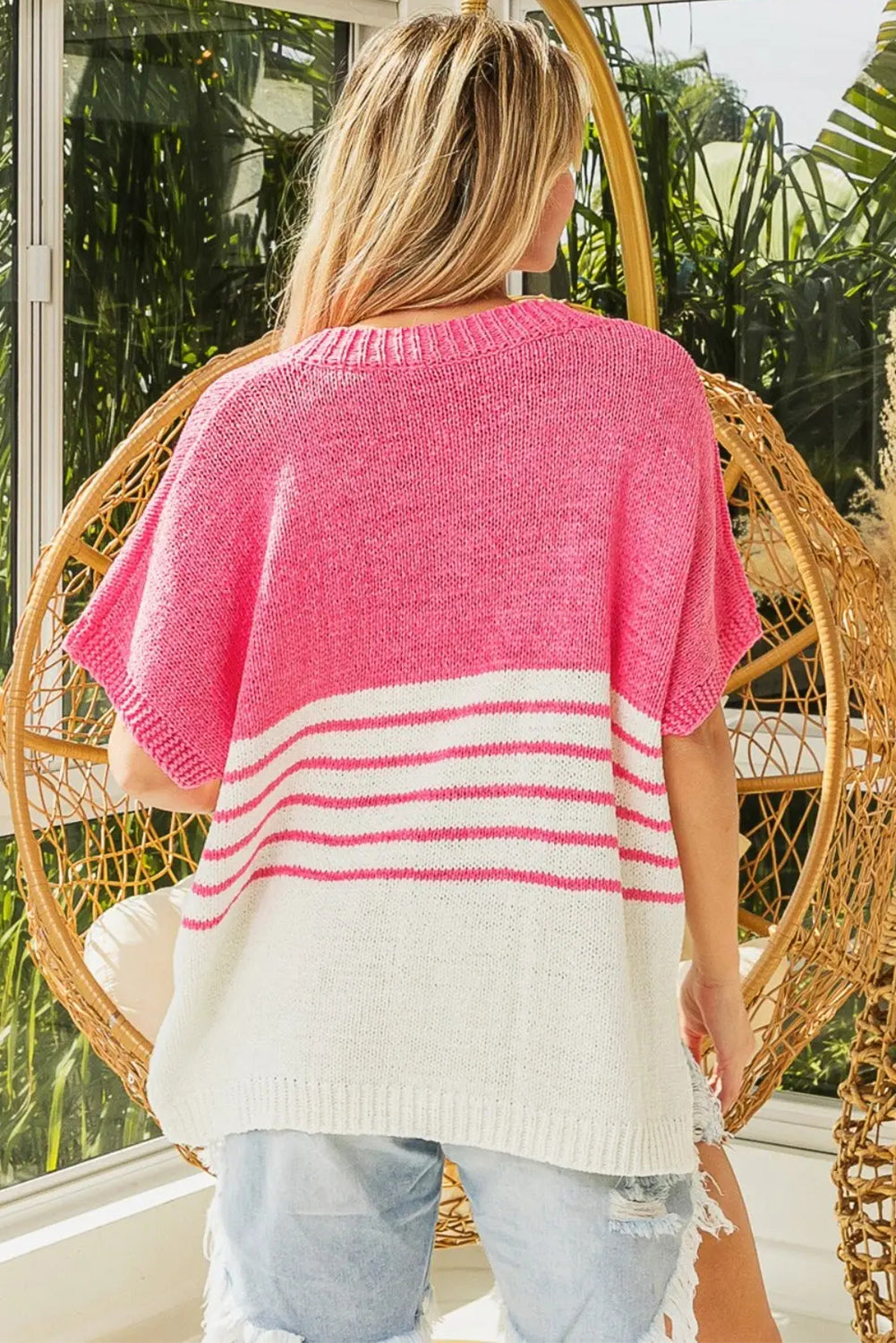 Strawberry Pink Striped Patchwork V Neck Knitted Loose Top Sweaters & Cardigans JT's Designer Fashion