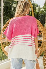 Strawberry Pink Striped Patchwork V Neck Knitted Loose Top Sweaters & Cardigans JT's Designer Fashion
