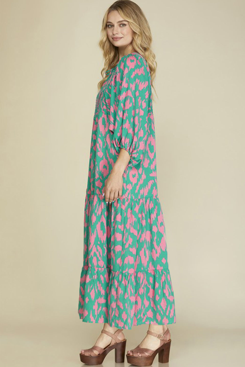 Green Abstract Print Puff Sleeve Tied Notched Neck Long Dress Maxi Dresses JT's Designer Fashion