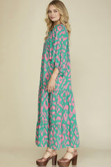 Green Abstract Print Puff Sleeve Tied Notched Neck Long Dress Maxi Dresses JT's Designer Fashion