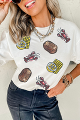 White Sequin Crawfish Potato Lemon Corn Graphic Crewneck T Shirt Graphic Tees JT's Designer Fashion