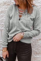 Grey Casual Solid Color Lace-up Hoodie Sweatshirts & Hoodies JT's Designer Fashion