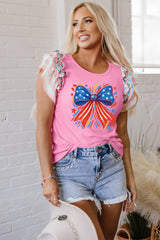 Bonbon Independence Celebration Bowknot Graphic Ruffled Sleeve Ribbed Summer Top Graphic Tees JT's Designer Fashion