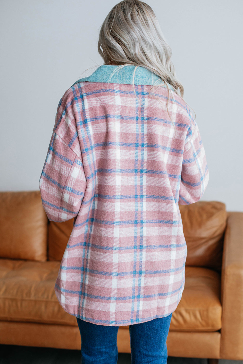 Pink Plaid Print Color Block Collared Flap Pockets Loose Shacket Plaid Shackets JT's Designer Fashion