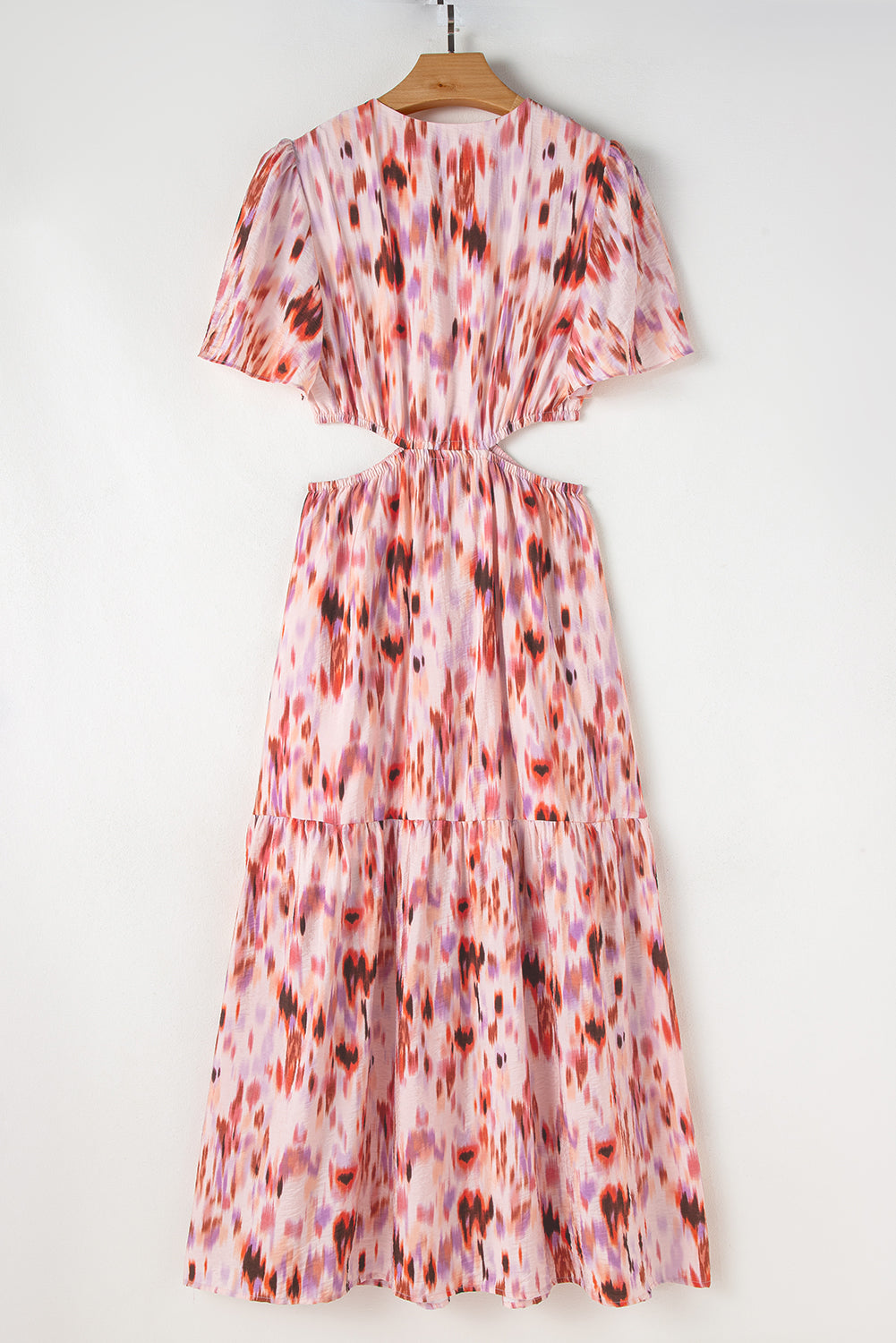 Pink Abstract Printed Flutter Sleeve Daring Cutout Long Dress Maxi Dresses JT's Designer Fashion