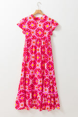 Strawberry Pink Geo Print V-neck Long Dress Maxi Dresses JT's Designer Fashion