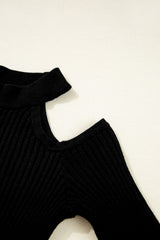 Black Ribbed Knit Cold Shoulder Choker Neck Sweater Sweaters JT's Designer Fashion