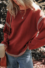 Red Dahlia Color Contrast Trim Drop Shoulder Crew Neck Sweater Sweaters JT's Designer Fashion