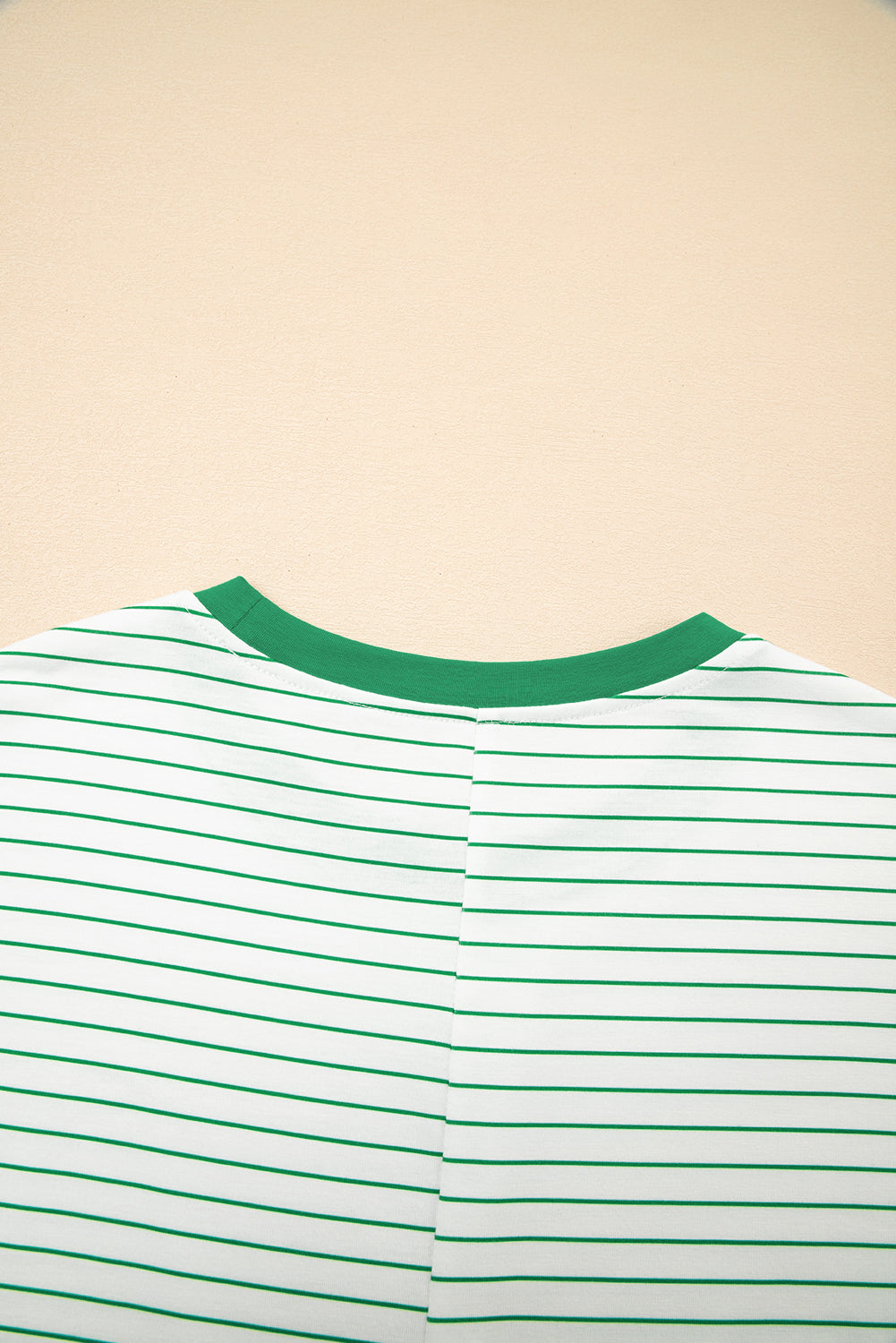 Green Stripe Ruffled Short Sleeve Crew Neck T Shirt Shift Mini Dress T Shirt Dresses JT's Designer Fashion