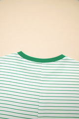 Green Stripe Ruffled Short Sleeve Crew Neck T Shirt Shift Mini Dress T Shirt Dresses JT's Designer Fashion