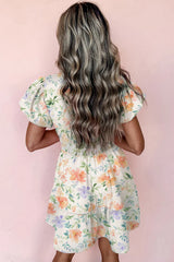 Beige Floral Print Shirred High Waist Puff Sleeve Mini Dress Floral Dresses JT's Designer Fashion