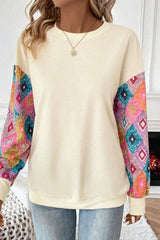 Apricot Geometric Printed Patchwork Long Sleeve Round Neck Top Long Sleeve Tops JT's Designer Fashion