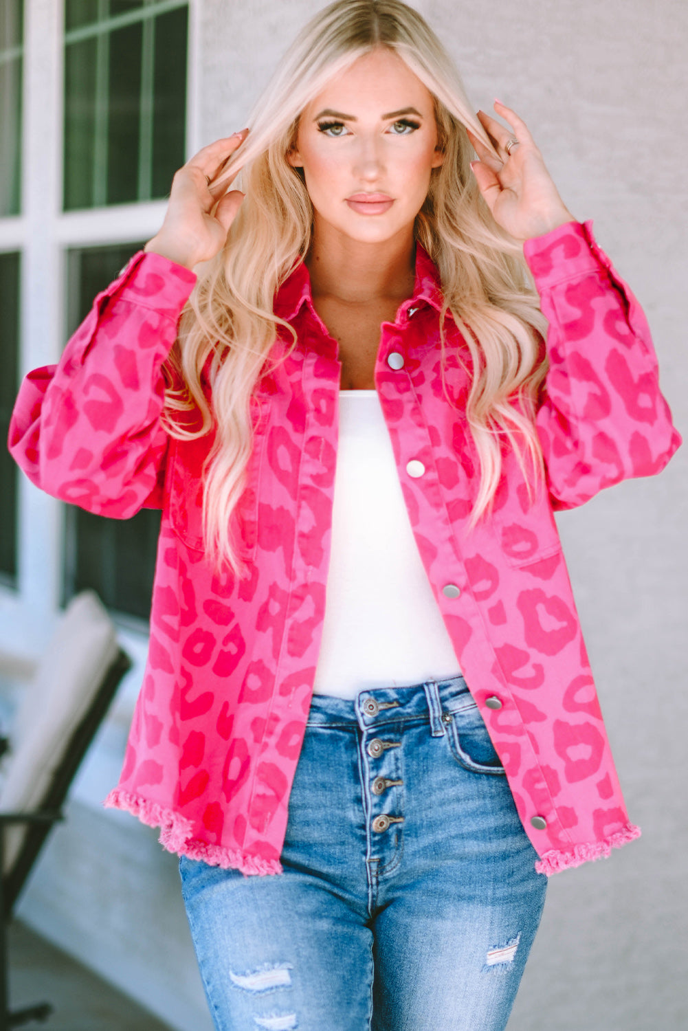 Pink Leopard Print Button Cuffs Raw Hem Jacket Denim Jackets JT's Designer Fashion