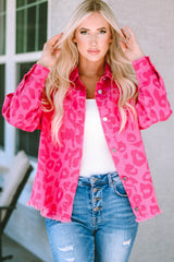 Pink Leopard Print Button Cuffs Raw Hem Jacket Denim Jackets JT's Designer Fashion