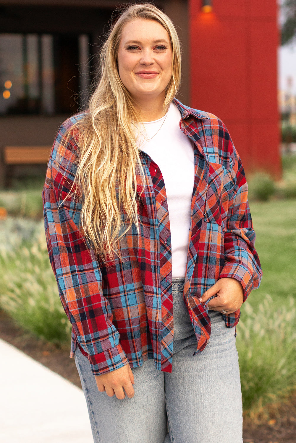 Red Plus Size Plaid Print Buttoned Shirt Red 100%Cotton Plus Size Blouses & Shirts JT's Designer Fashion