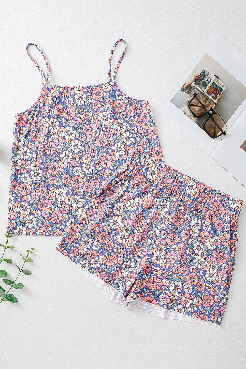Sky Blue Floral Print Spaghetti Straps Tank Top and Shorts Set Short Sets JT's Designer Fashion