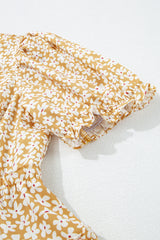 Yellow Floral Short Sleeve V Neck Frilly Tiered Mini Dress Floral Dresses JT's Designer Fashion