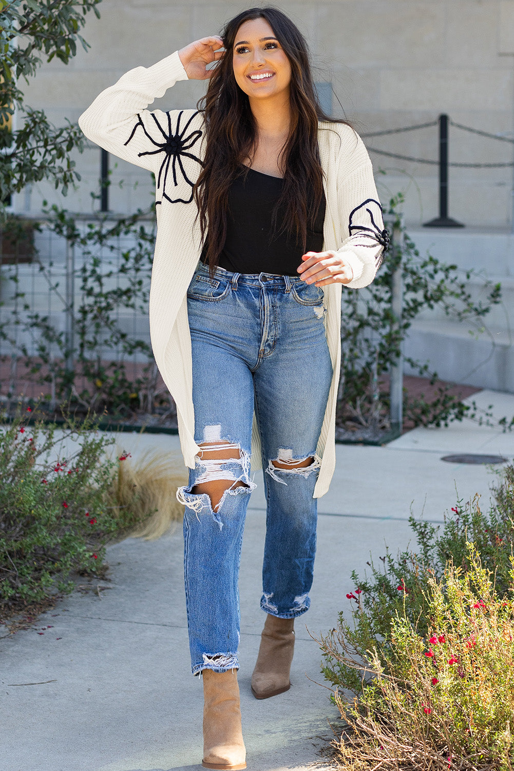 Beige Flower Embroidered Drop Shoulder Open Front Duster Cardigan Cardigans JT's Designer Fashion