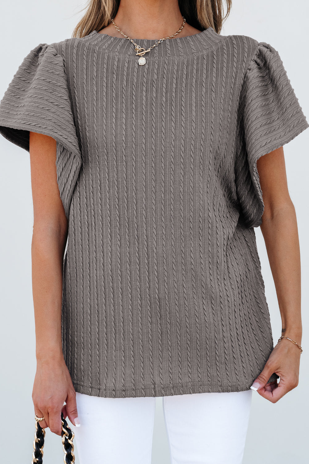 Sleet Solid Color Textured Flutter Sleeve Top Blouses & Shirts JT's Designer Fashion