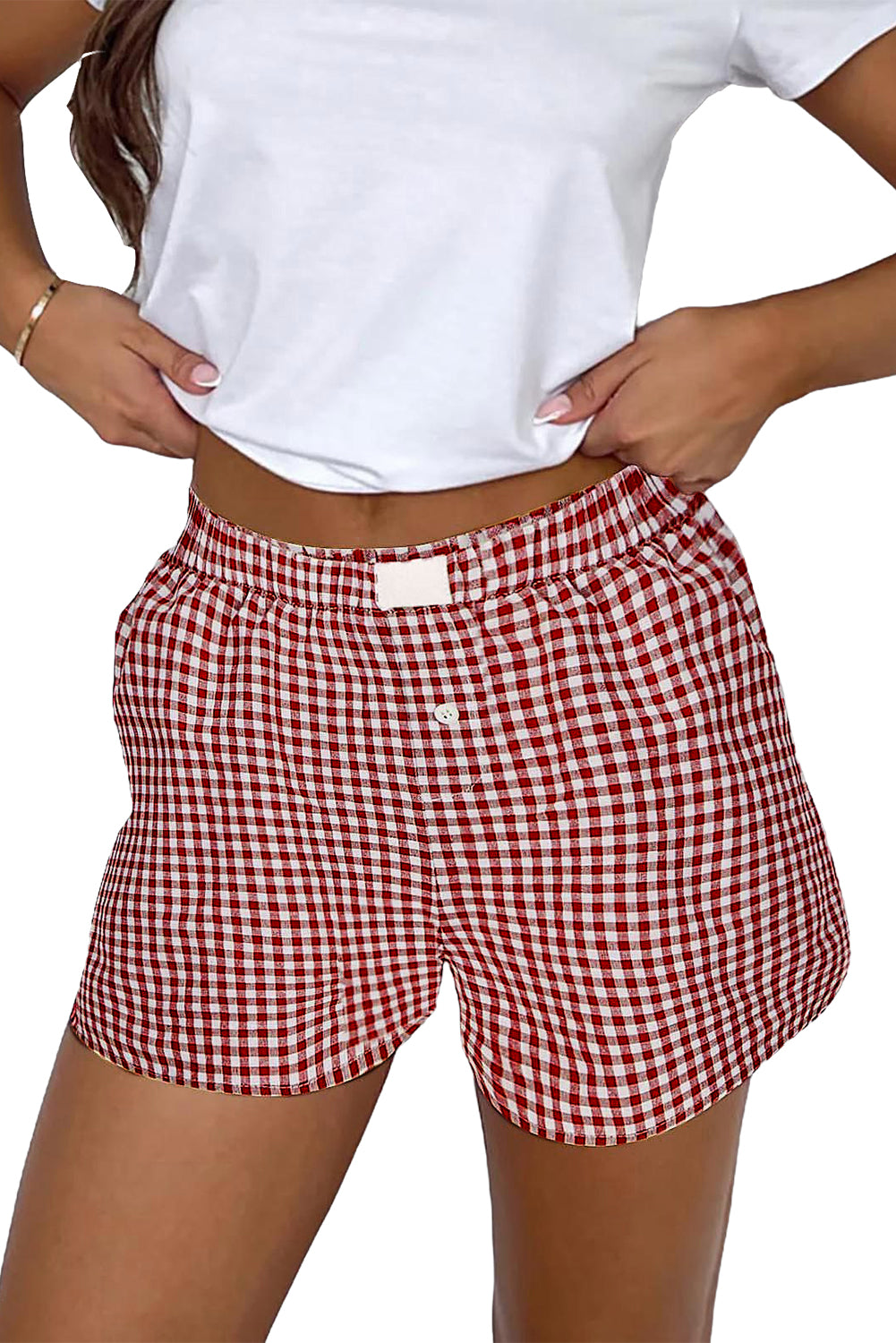 Red Gingham Printed High Waist Shorts Casual Shorts JT's Designer Fashion