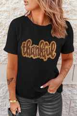Black Sequined Thankful Round Neck Graphic Tee Graphic Tees JT's Designer Fashion