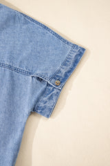 Dusk Blue Short Sleeve Pocketed Button up Denim Tunic Dress Mini Dresses JT's Designer Fashion