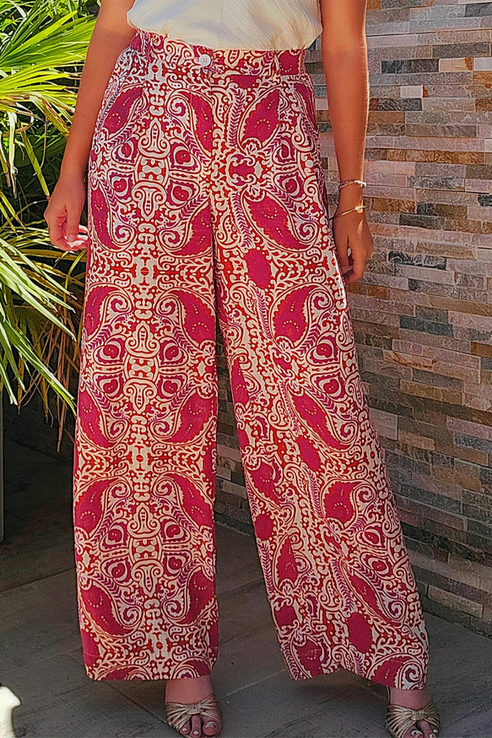Red Paisley Printed Buttoned High Waist Straight Leg Pants Pants & Culotte JT's Designer Fashion