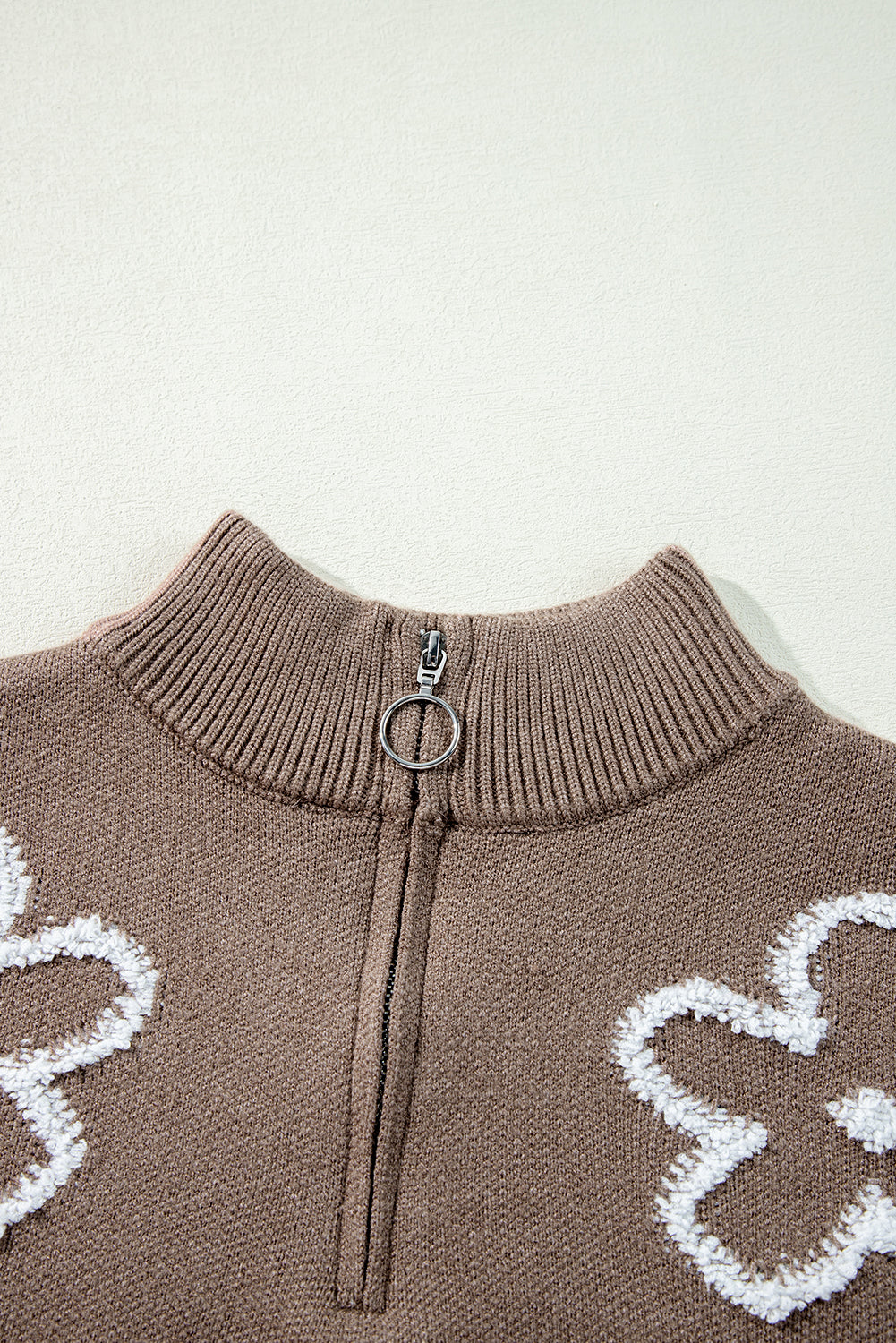 Parchment Contrast Flower Half Zipper Stand Neck Sweater Sweaters JT's Designer Fashion