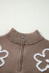 Parchment Contrast Flower Half Zipper Stand Neck Sweater Sweaters JT's Designer Fashion