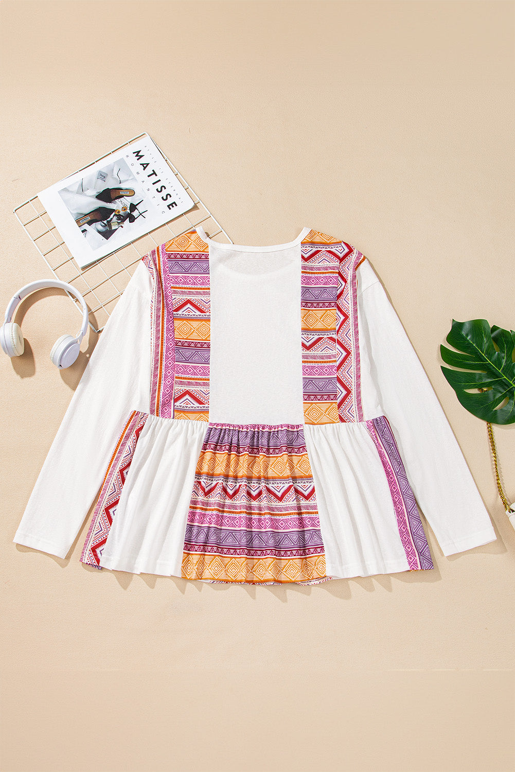 White Western Aztec Print Patchwork Ruffled Tunic Long Sleeve Babydoll Top Long Sleeve Tops JT's Designer Fashion