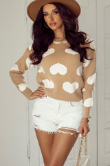 Khaki Contrast Heart Pattern Round Neck Sweater Sweaters JT's Designer Fashion