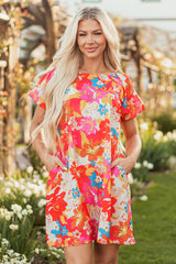 Pink Floral Print Bubble Short Sleeve Dress Pink 100%Polyester Floral Dresses JT's Designer Fashion