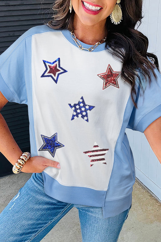 Sky Blue Patriotic Star Patched Colorblock T Shirt Graphic Tees JT's Designer Fashion